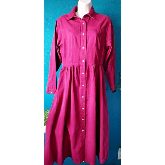 Vintage 80's Red Denim Western Style Dress Pearl Snap Button Gitano Medium - Picture 2 of 11